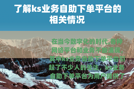 了解ks业务自助下单平台的相关情况