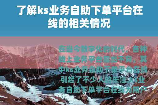 了解ks业务自助下单平台在线的相关情况