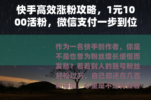 快手高效涨粉攻略，1元1000活粉，微信支付一步到位
